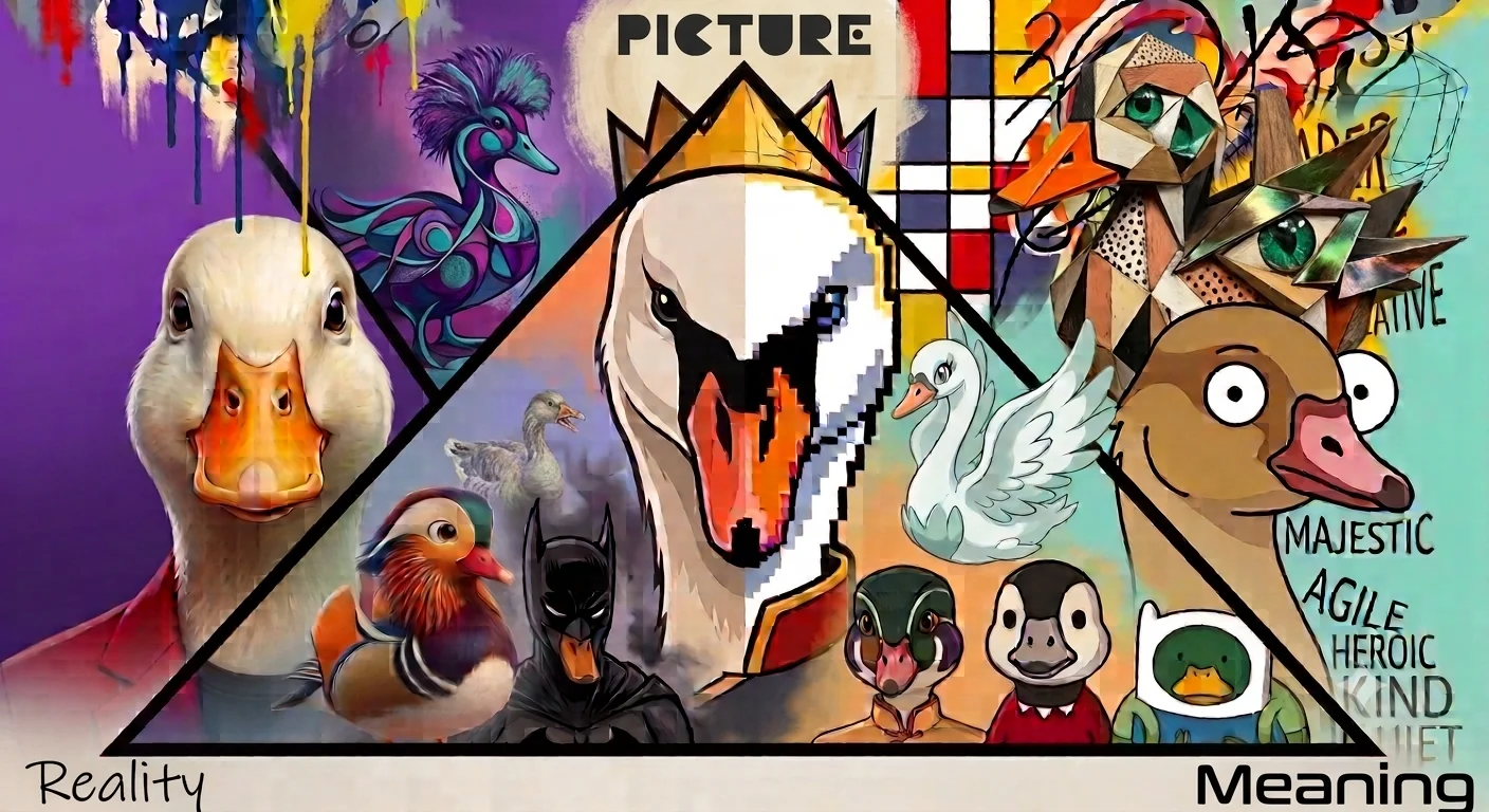 Collage of ducks and swans arranged on Scott McCloud’s Big Triangle, spanning photorealism near Reality, icon cartoons near Meaning, and abstract or pixel looks near Picture